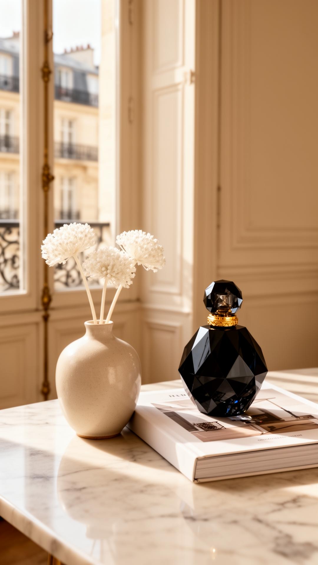 Umbra perfume on light marble beside white flowers
