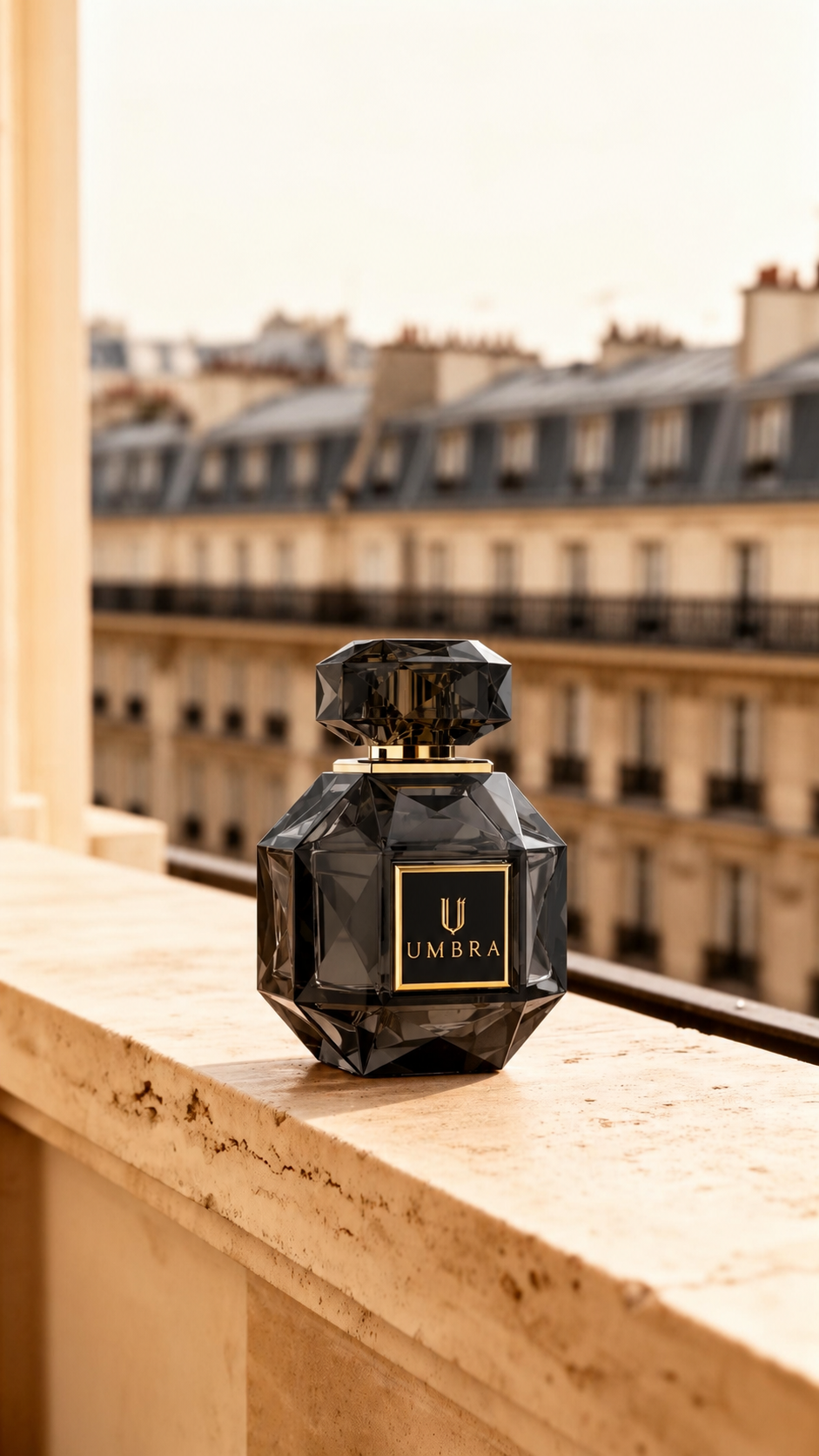 UMBRA black faceted crystal perfume bottle on a Parisian balcony