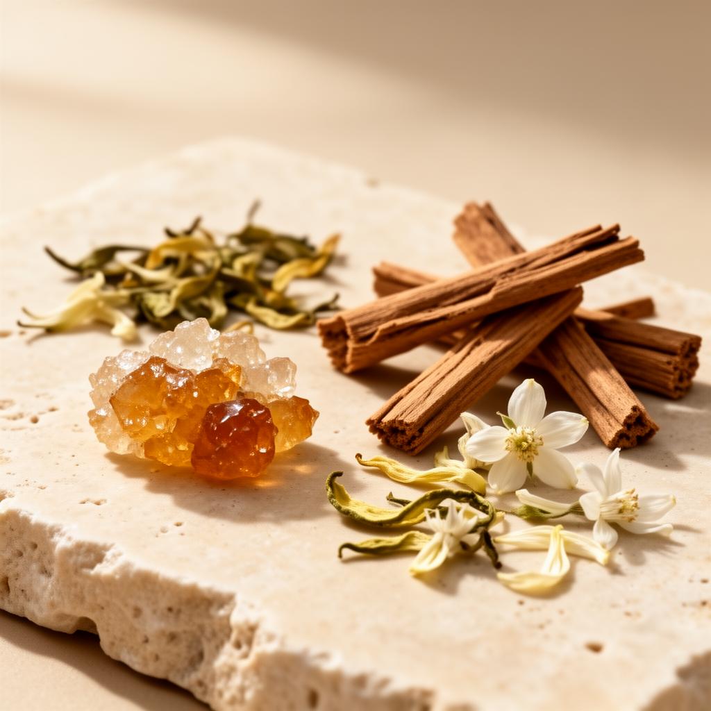 Natural perfume ingredients: amber, sandalwood, bergamot and jasmine